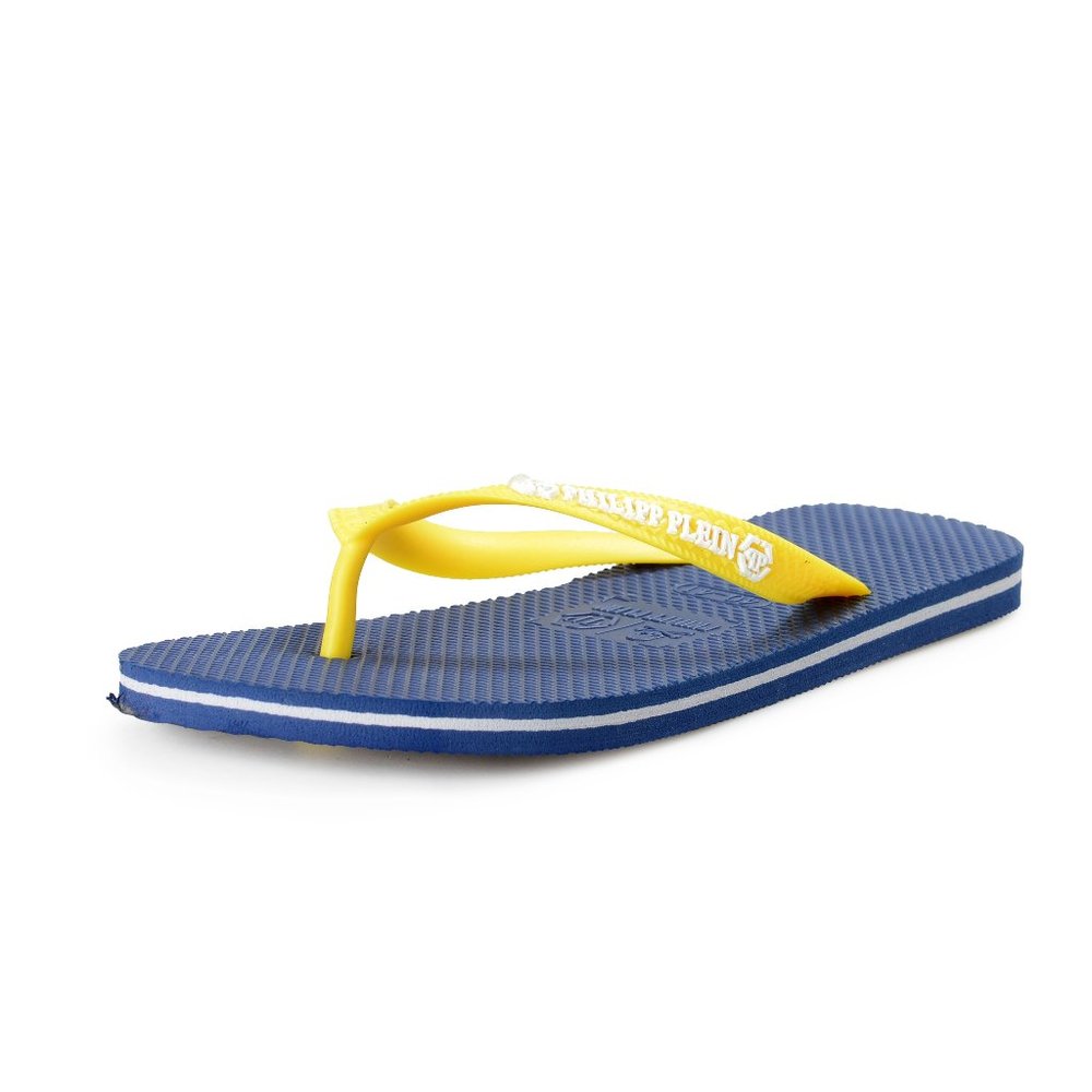 Philipp Plein Men's Navy Blue/Yellow Rubber Logo Print Flip Flops Shoes